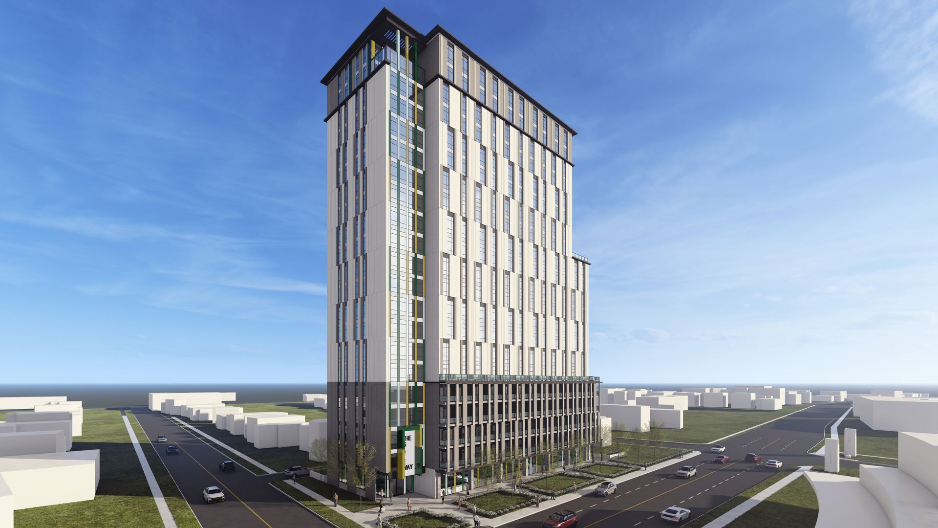 A modern skyscraper on a city street corner under a blue sky.