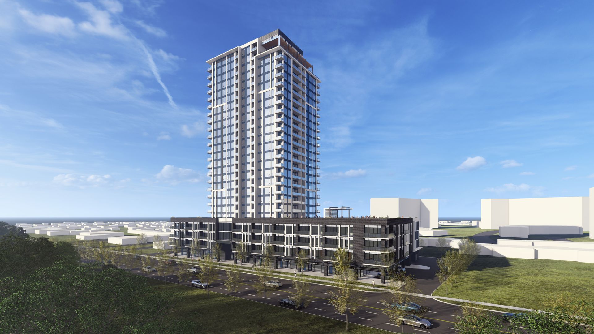 High-rise apartment building with dark base and white tower, set against a blue sky.