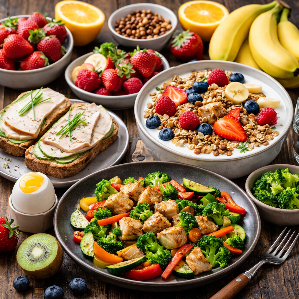 Een tafel vol gezonde ontbijtproducten, waaronder bessen, bananen, toast, een kom yoghurt en kip met groenten.