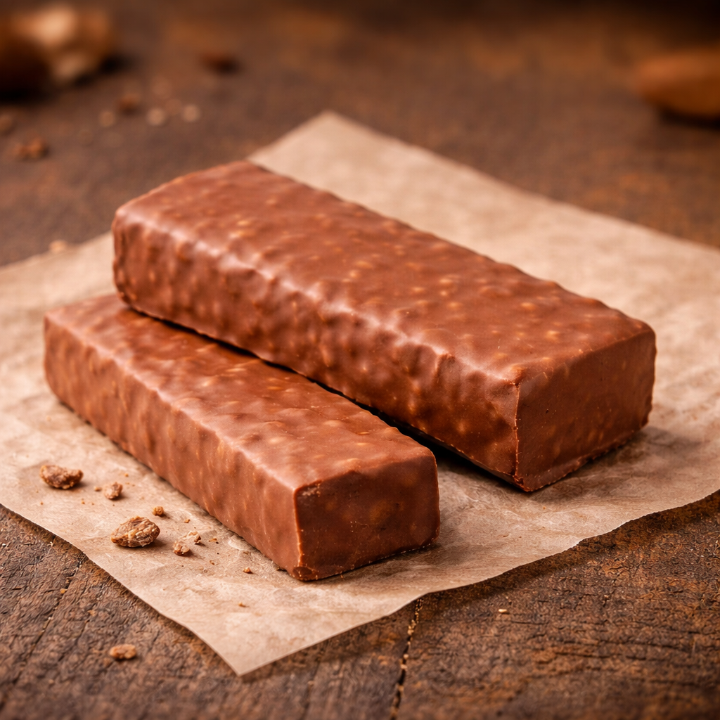 Twee met chocolade bedekte repen liggen op een stuk bruin perkamentpapier, dat op een houten tafel staat.