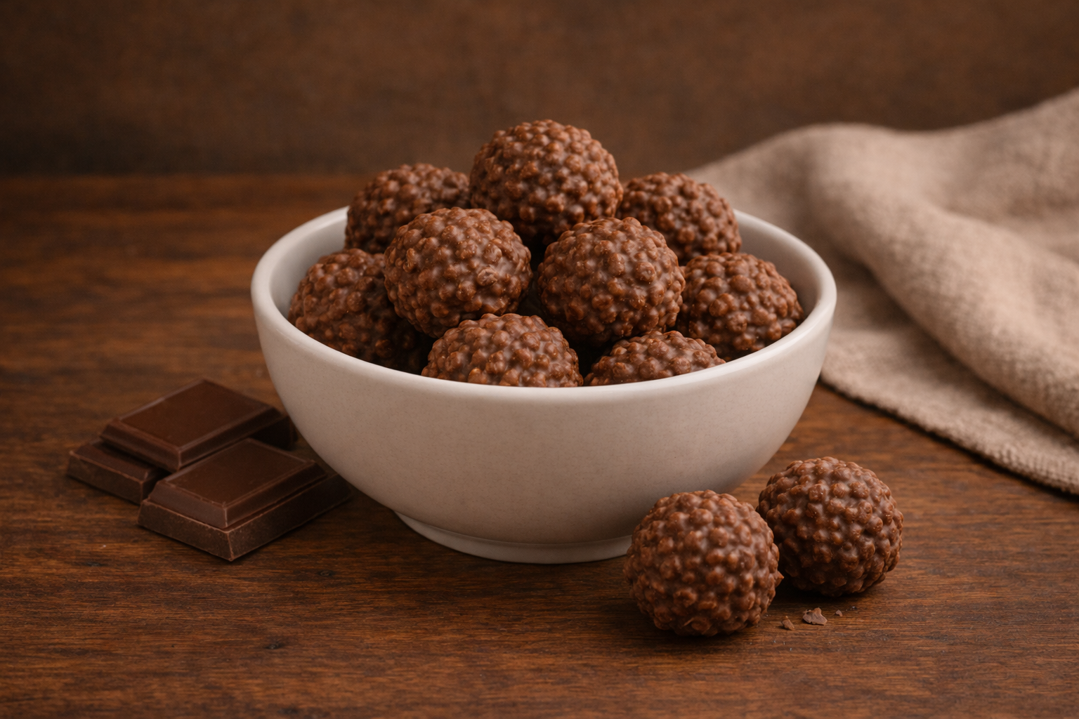 Een witte kom gevuld met chocoladebolletjes op een houten tafel, ernaast twee chocoladebolletjes.