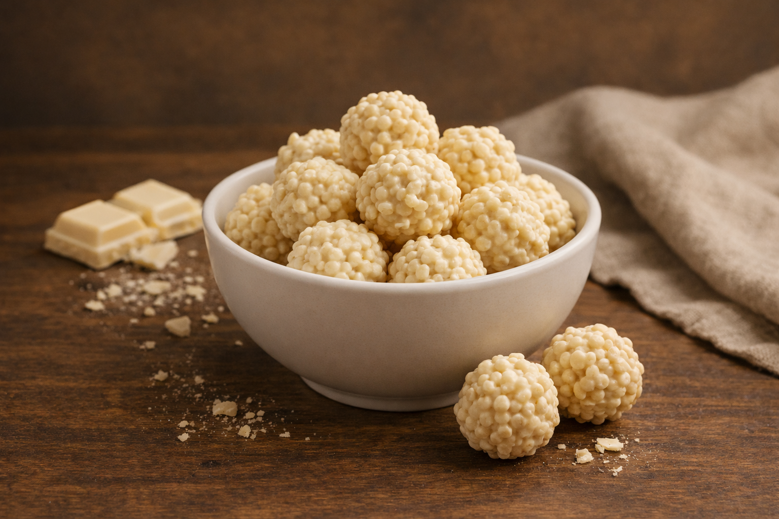 Een schaaltje gevuld met bites van witte chocolade met daarnaast twee losse bites van witte chocolade.