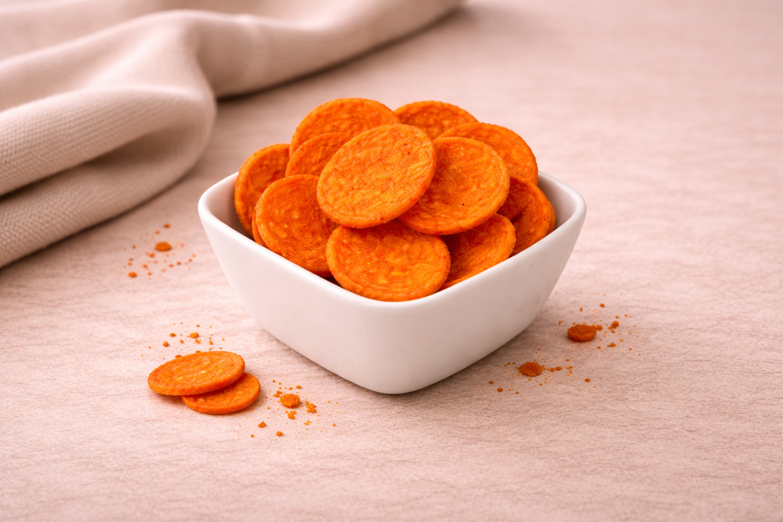 Een witte kom gevuld met ronde, oranje crackers staat op een beige stoffen ondergrond, met een paar losse crackers ernaast.