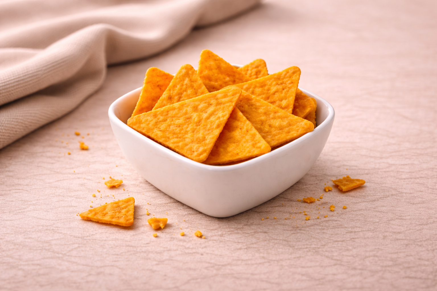 Een schaaltje gevuld met driehoekige oranje tortillachips op een beige ondergrond.