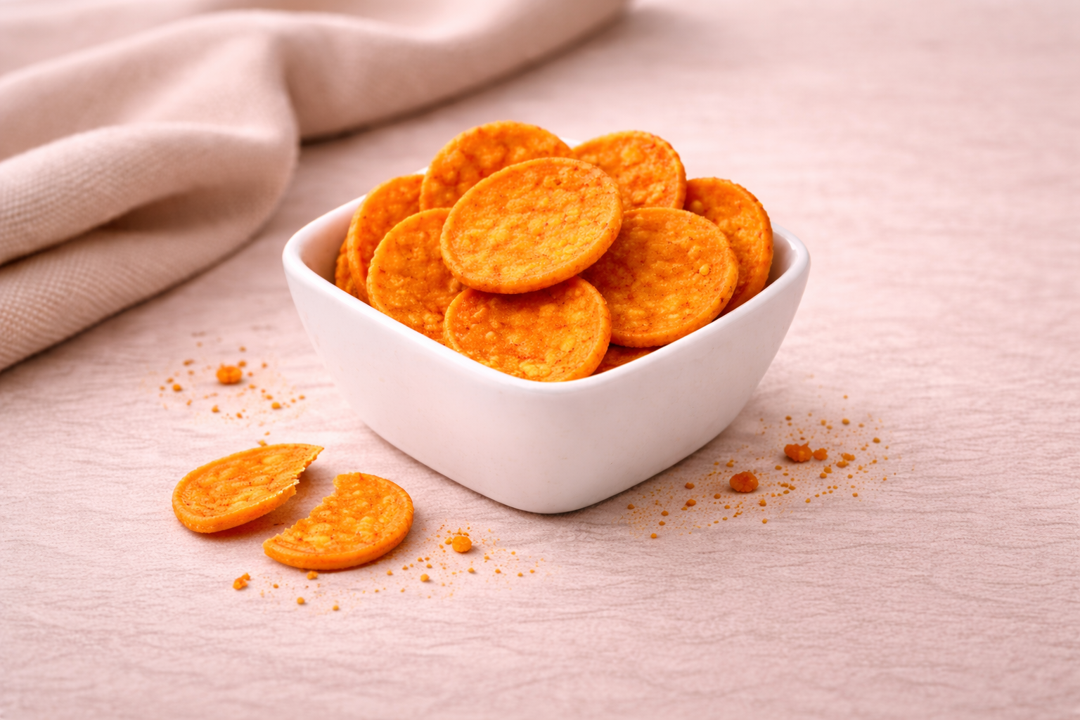 Een klein wit vierkant kommetje gevuld met ronde oranje chips met twee gebroken stukjes ernaast.