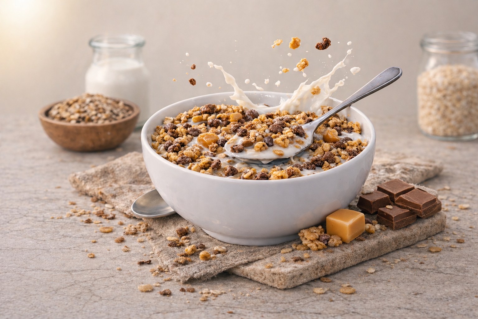 Een kom ontbijtgranen met melk, een lepel en stukjes chocolade op een rustieke tafel.