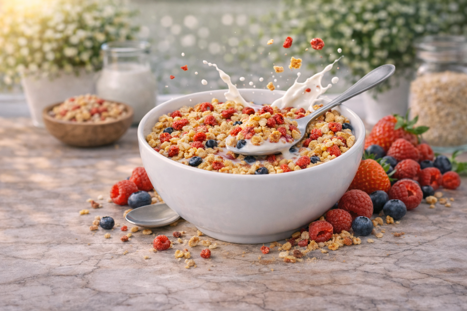 Een witte kom granola met bessen en melk, omringd door vers fruit op een rustieke houten tafel.