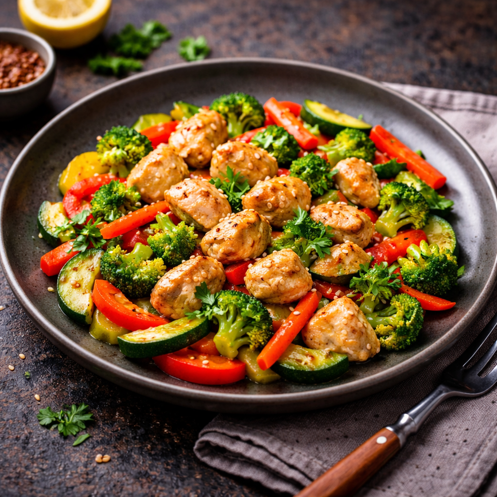 Een roerbakgerecht met broccoli, paprika, champignons en mini-maïs, bereid in een zwarte pan.