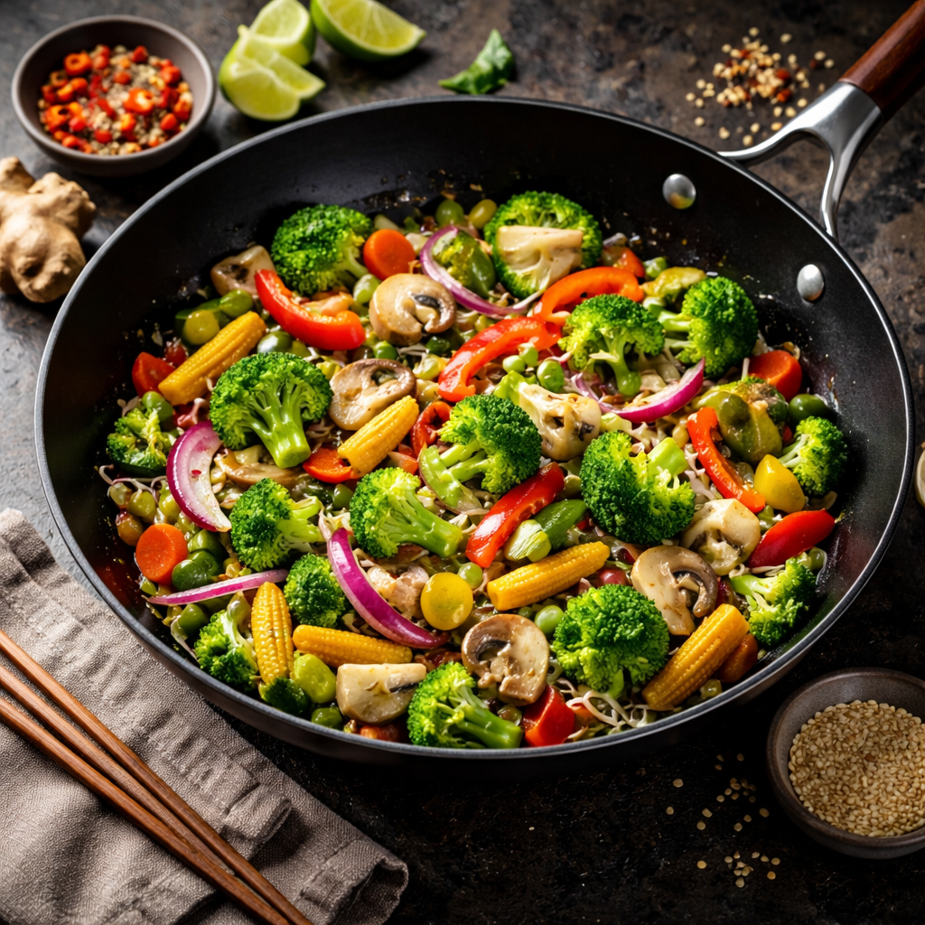 Een roerbakgerecht met broccoli, paprika, champignons en mini-maïs, bereid in een zwarte pan.