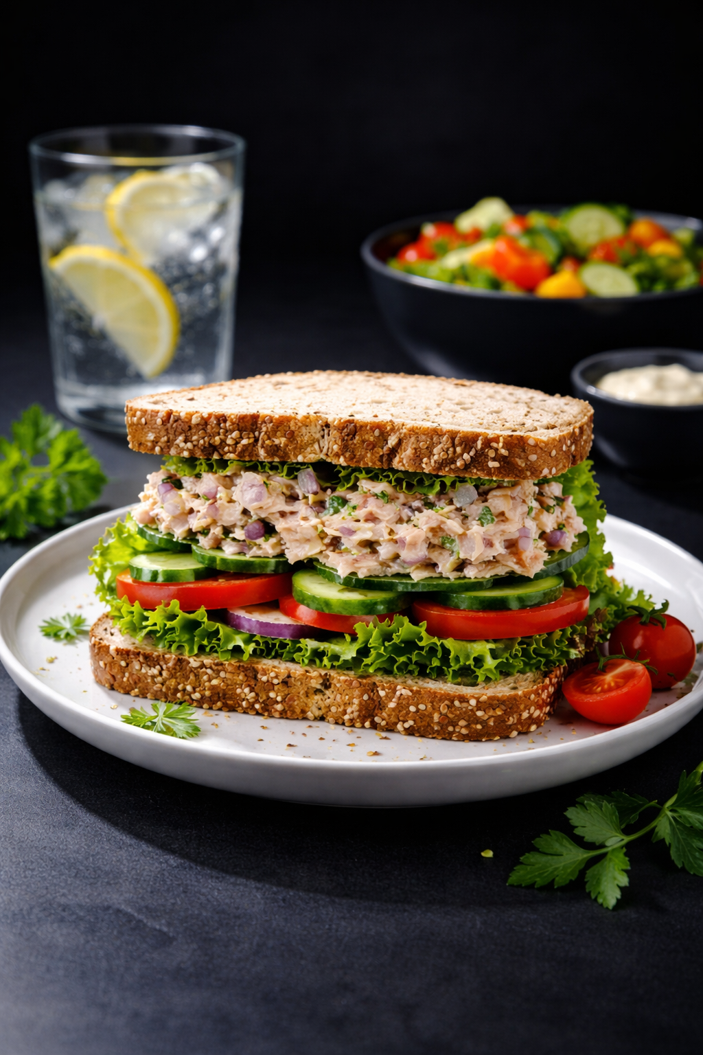 Een tonijnsaladesandwich op volkorenbrood met sla, tomaat en komkommer op een wit bord, met salade en een glas water.