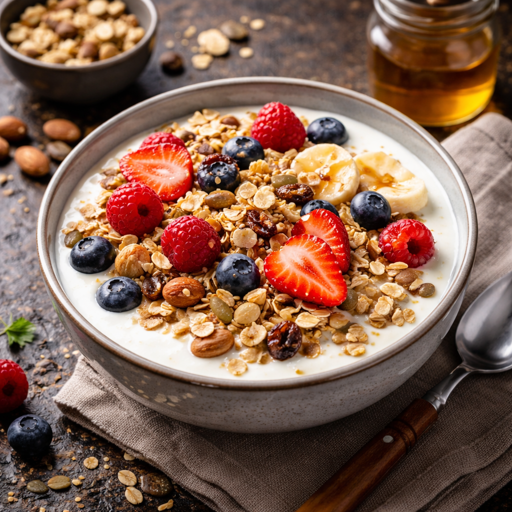 Een kom yoghurt met granola, verse aardbeien, frambozen, bosbessen en plakjes banaan, geserveerd op een donkere ondergrond.