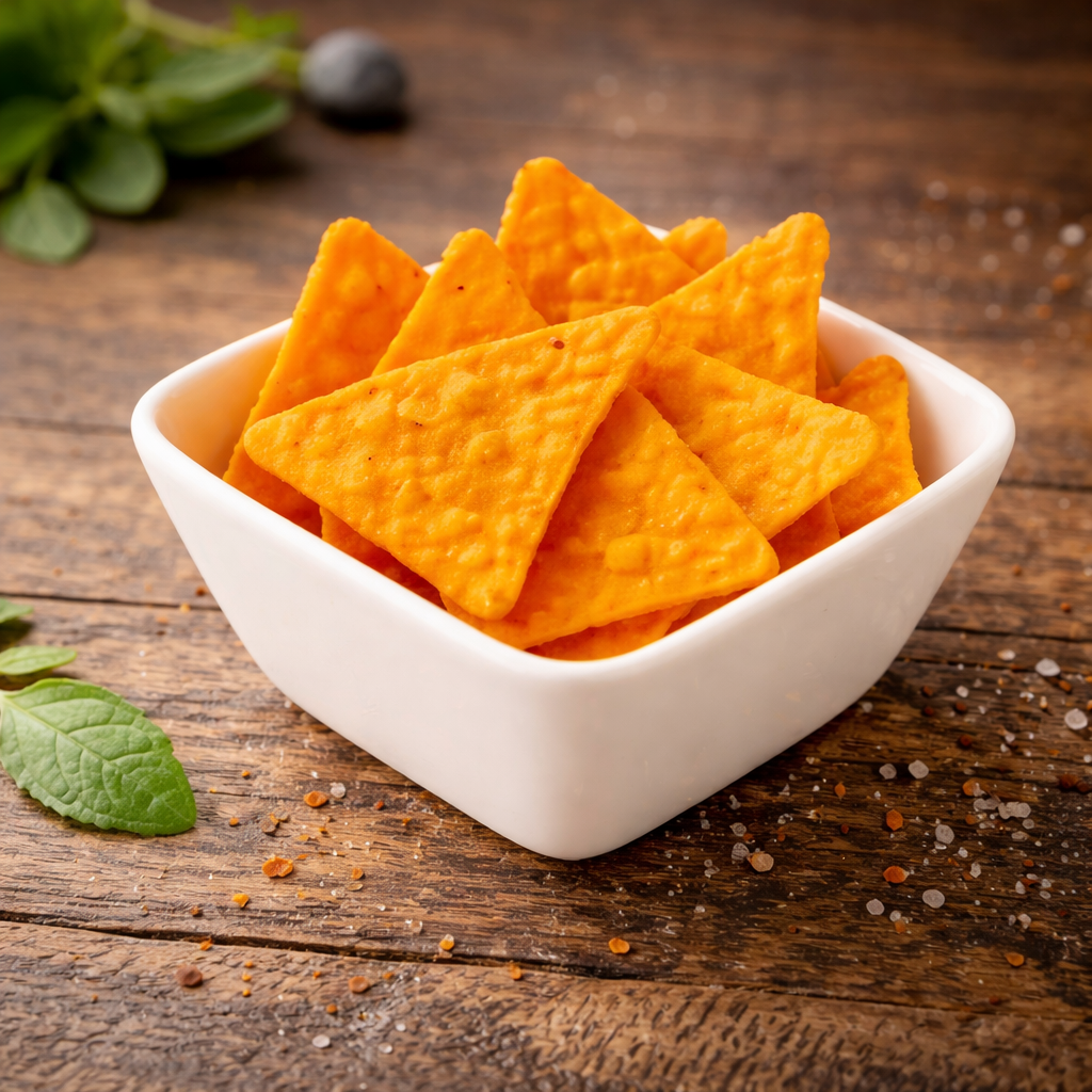 Een witte kom met driehoekige, oranje tortillachips staat op een rustieke houten tafel met groene bladeren en wat zout.