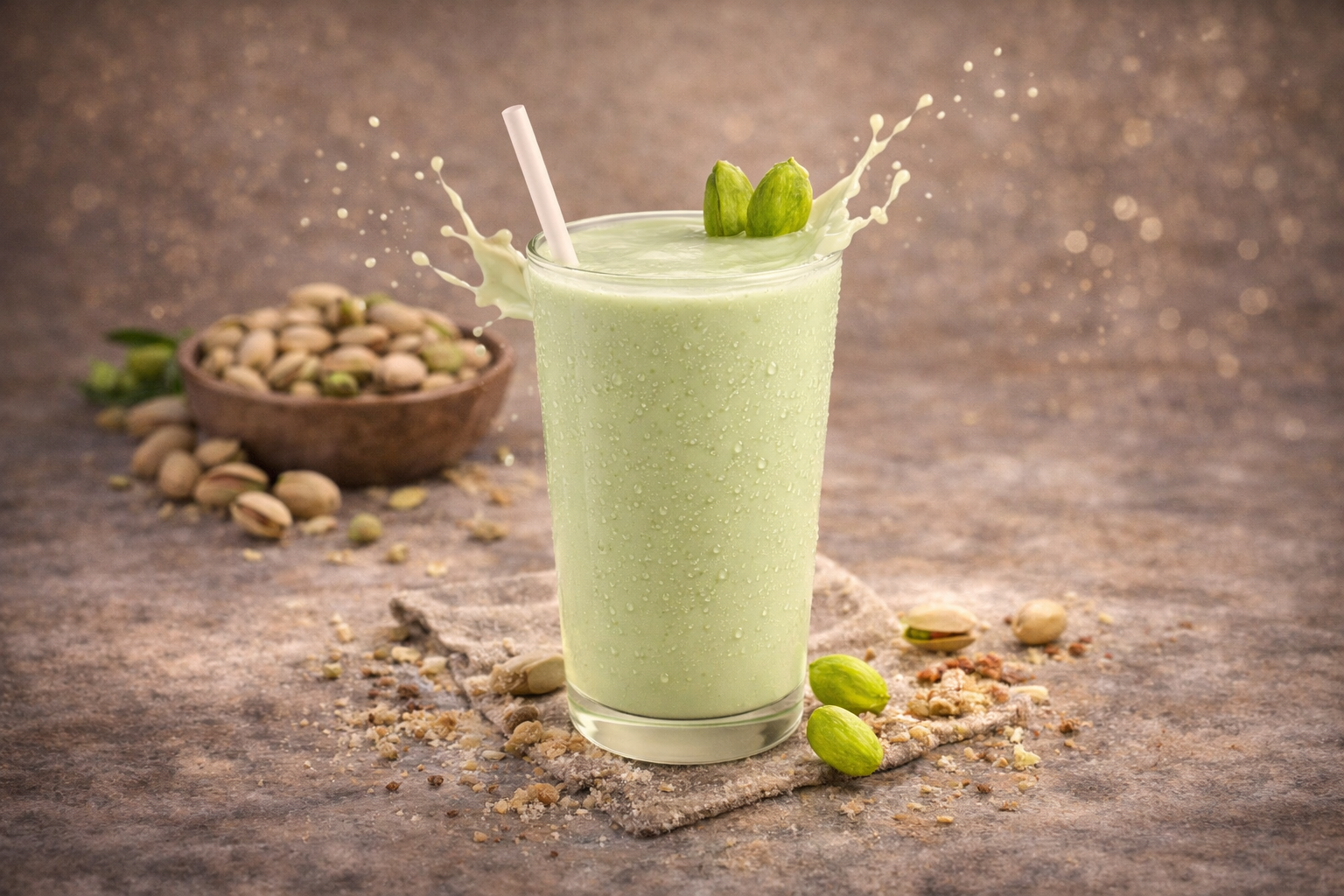 Een glas lichtgroene pistachemilkshake met een rietje, omringd door losse pistachenoten en een klein houten kommetje.