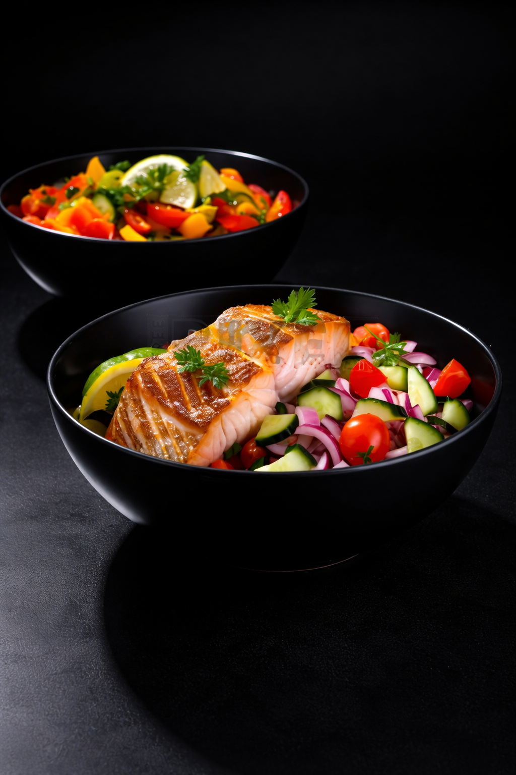 Twee zwarte kommen met zalmbowl en een kleurrijke groentesalade staan ​​tegen een donkere achtergrond.