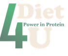 Logo voor "Diet 4U: "Power in Protein" met een groot, groen cijfer 4 en beige tekst op een witte achtergrond.