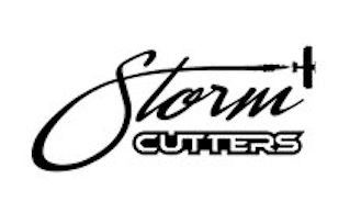 A black and white logo for storm cutters on a white background.