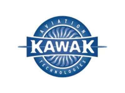 A blue and white logo for kawak aviation technologies