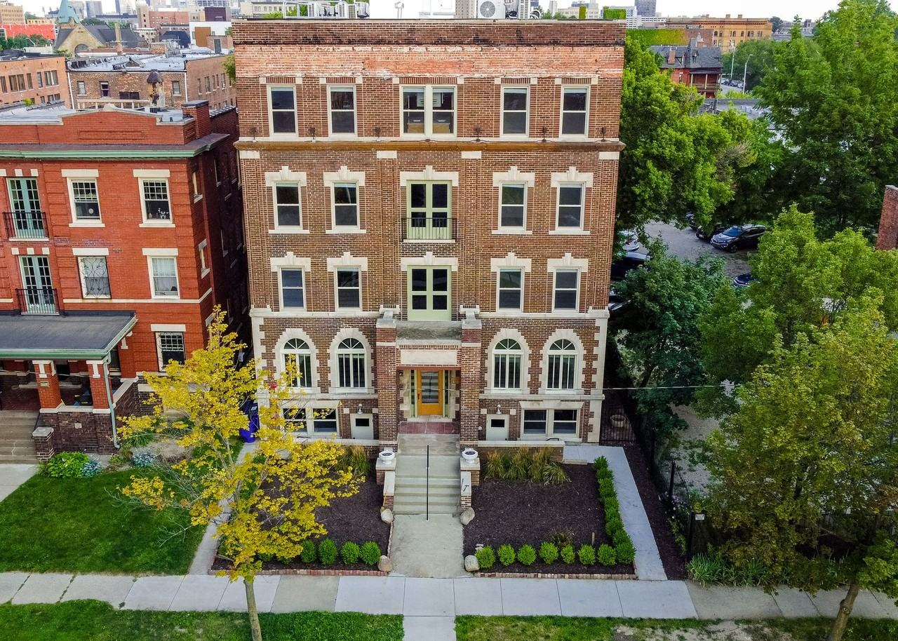 An aerial view of the Lindley Apartments after masonry restoration in Detroit, Michigan.