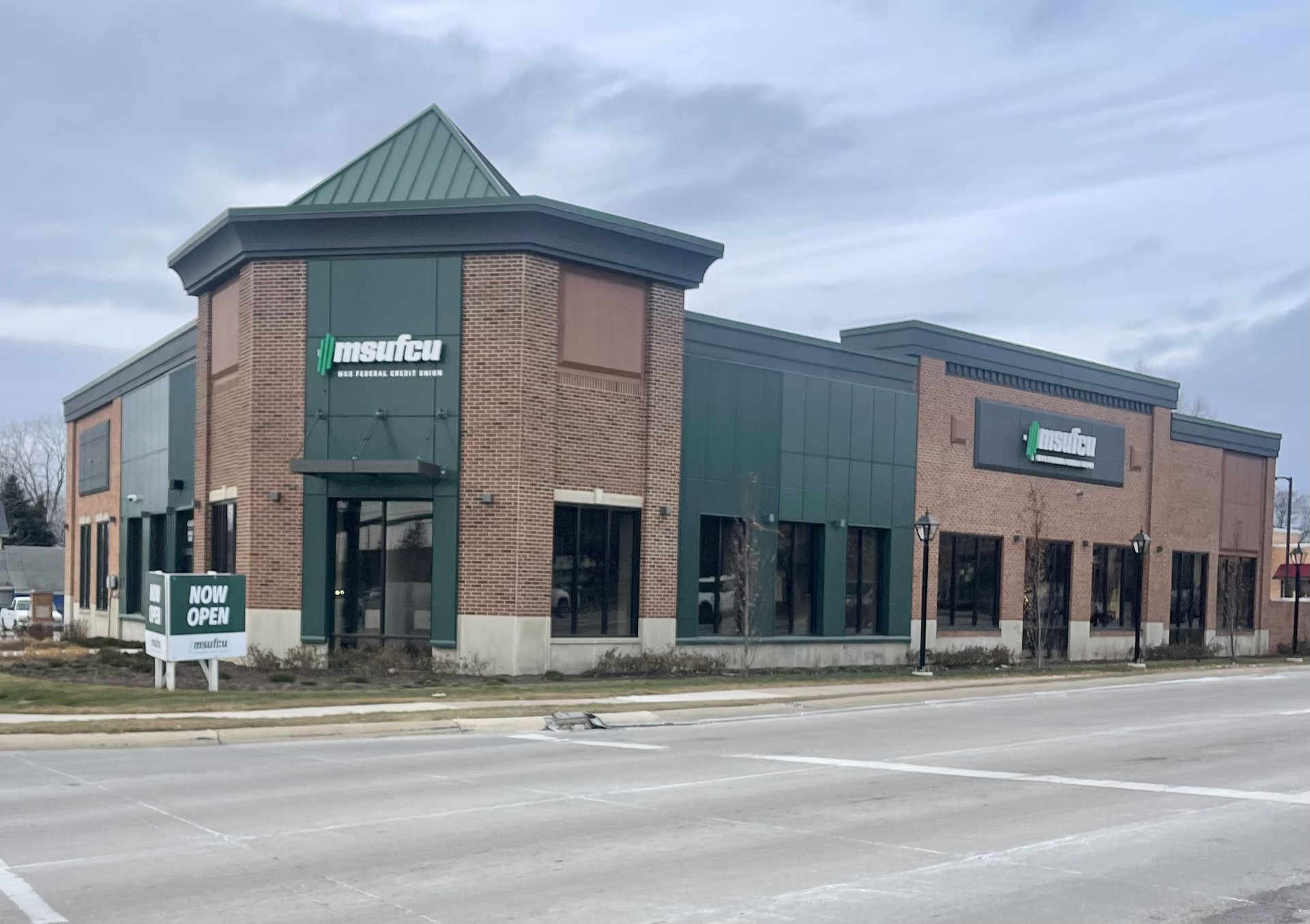 Street view of MSU Federal Credit Union after masonry restoration in Novi, Michigan.