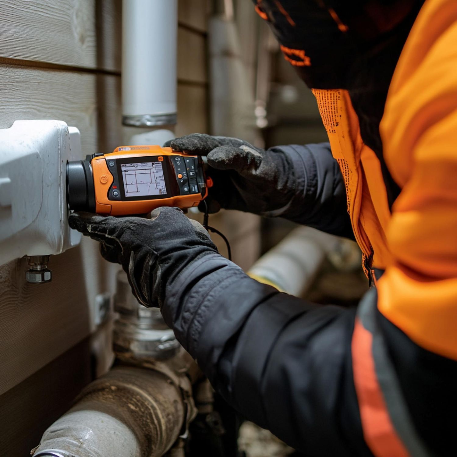 A man is using a device to measure a pipe.