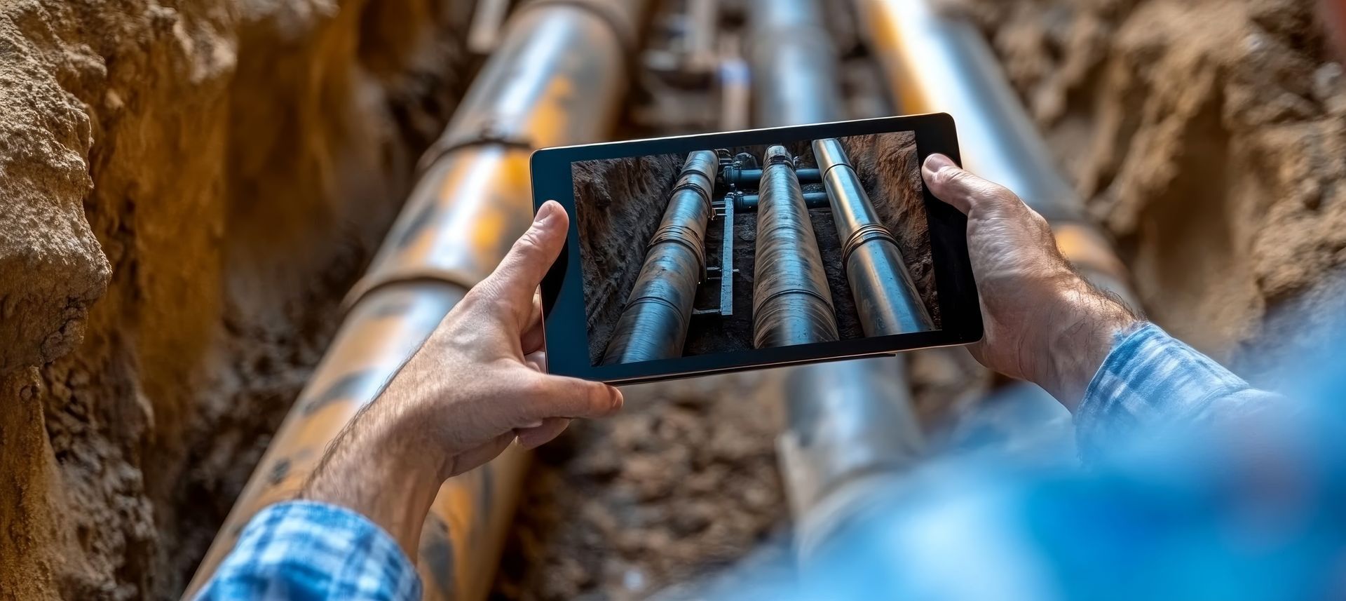 A man is taking a picture of pipes with a cell phone.