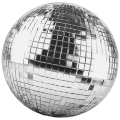Disco ball with reflective mirrored tiles.