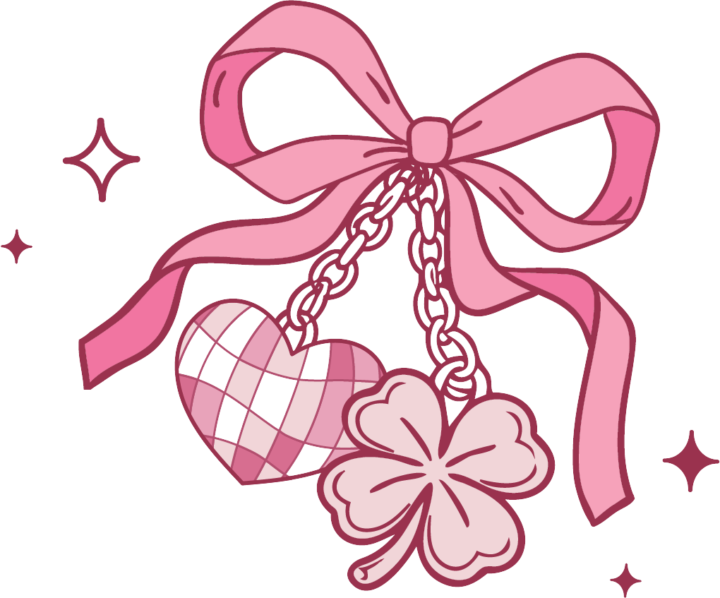 Pink bow with heart and four-leaf clover charms dangling from chains, with sparkles.