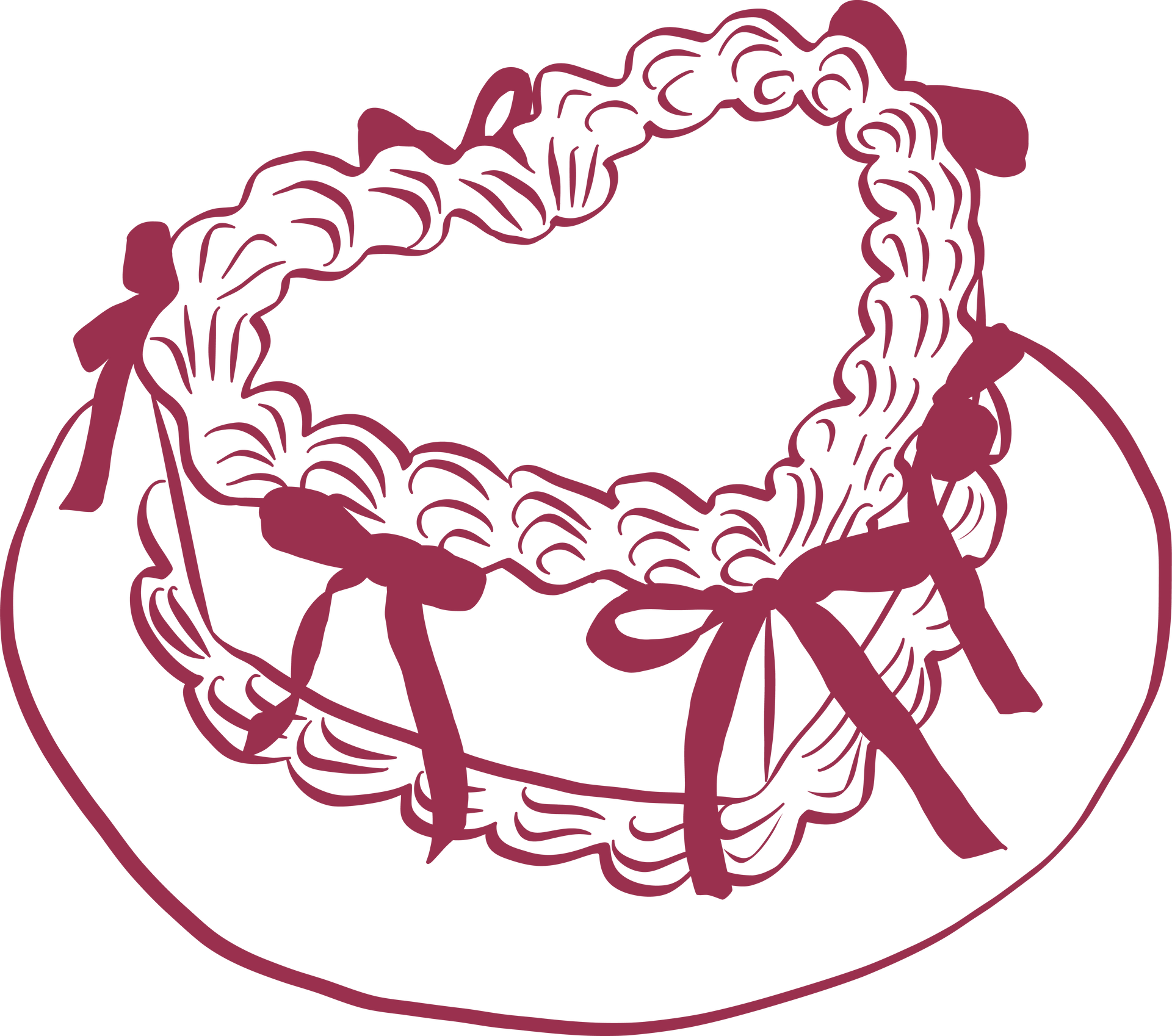 Heart-shaped cake with white frosting and burgundy bows on a plate.