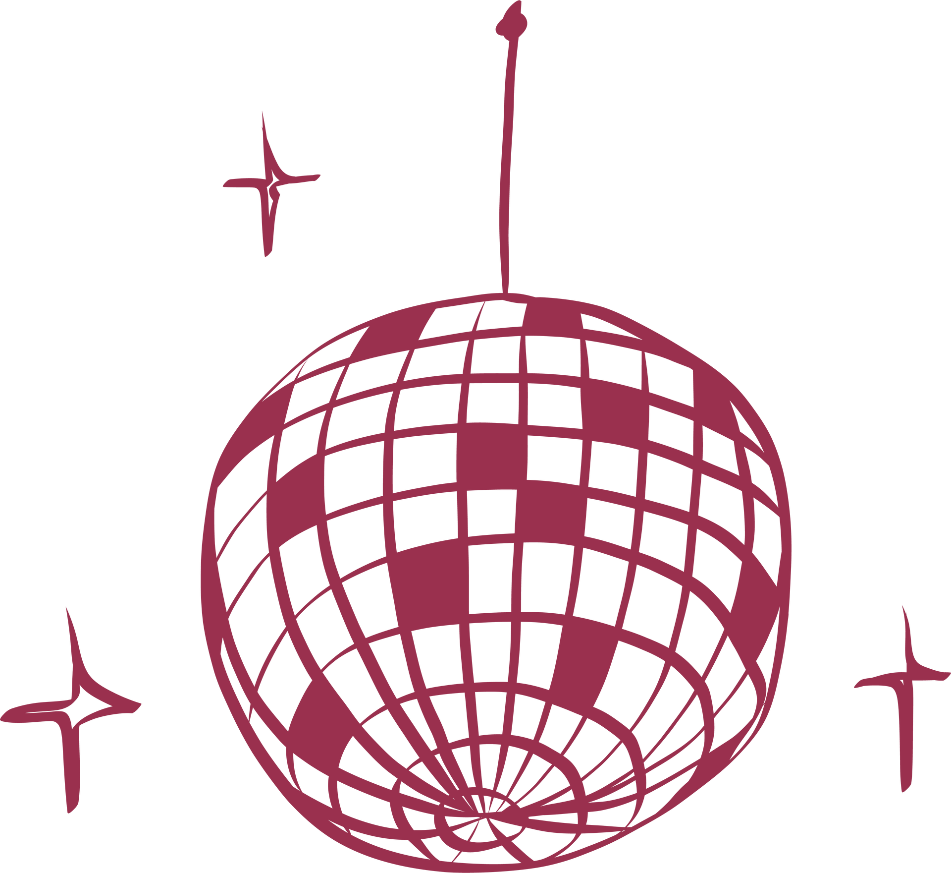 Disco ball with surrounding stars, maroon on white background.