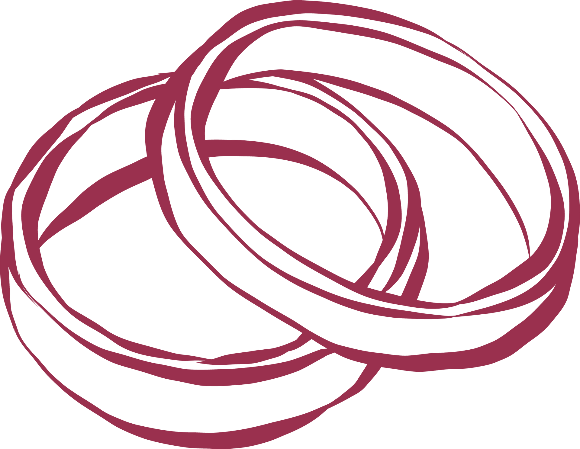 Two intertwined maroon rings, symbolizing connection.
