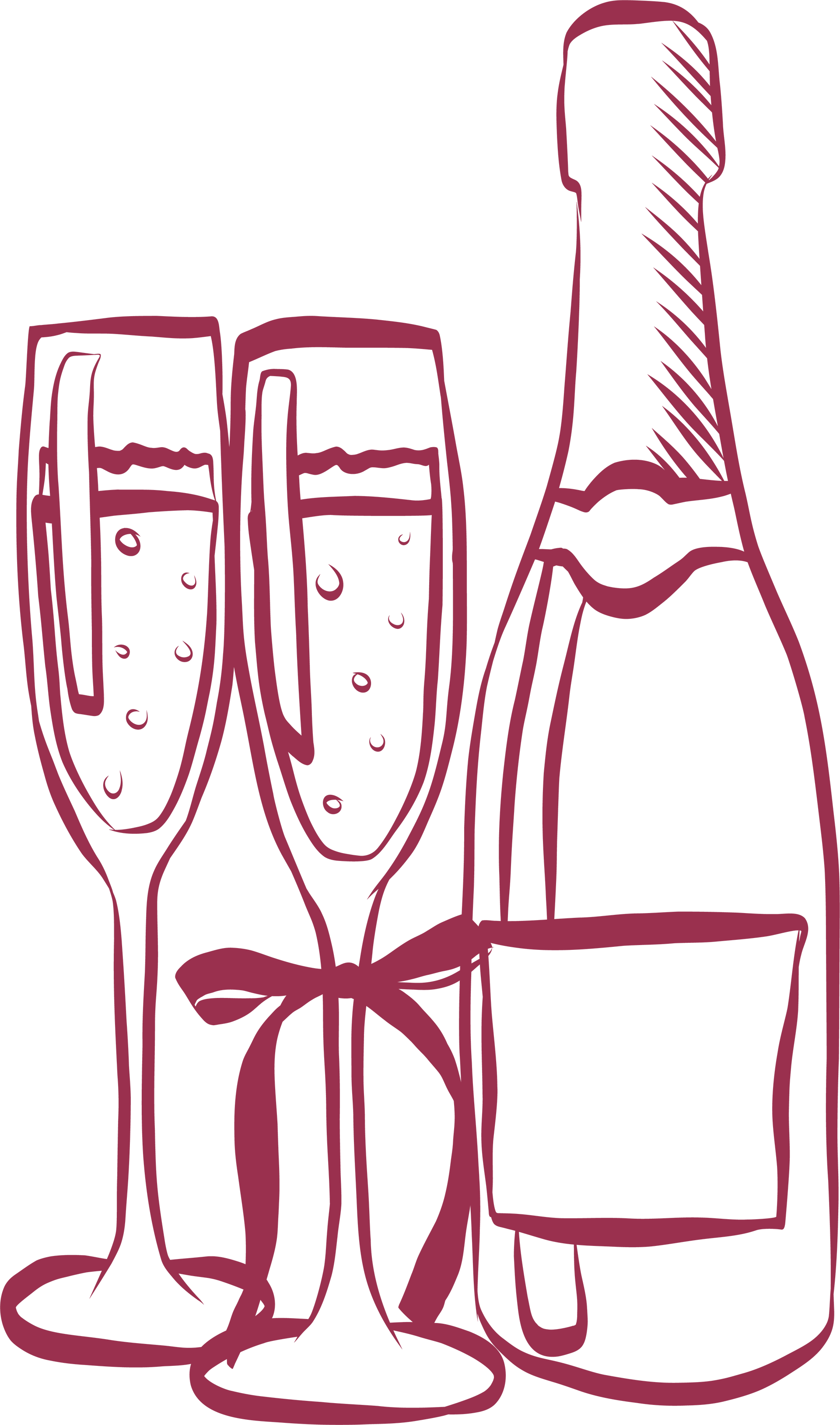 Bottle of champagne with two champagne flutes, tied with a ribbon.