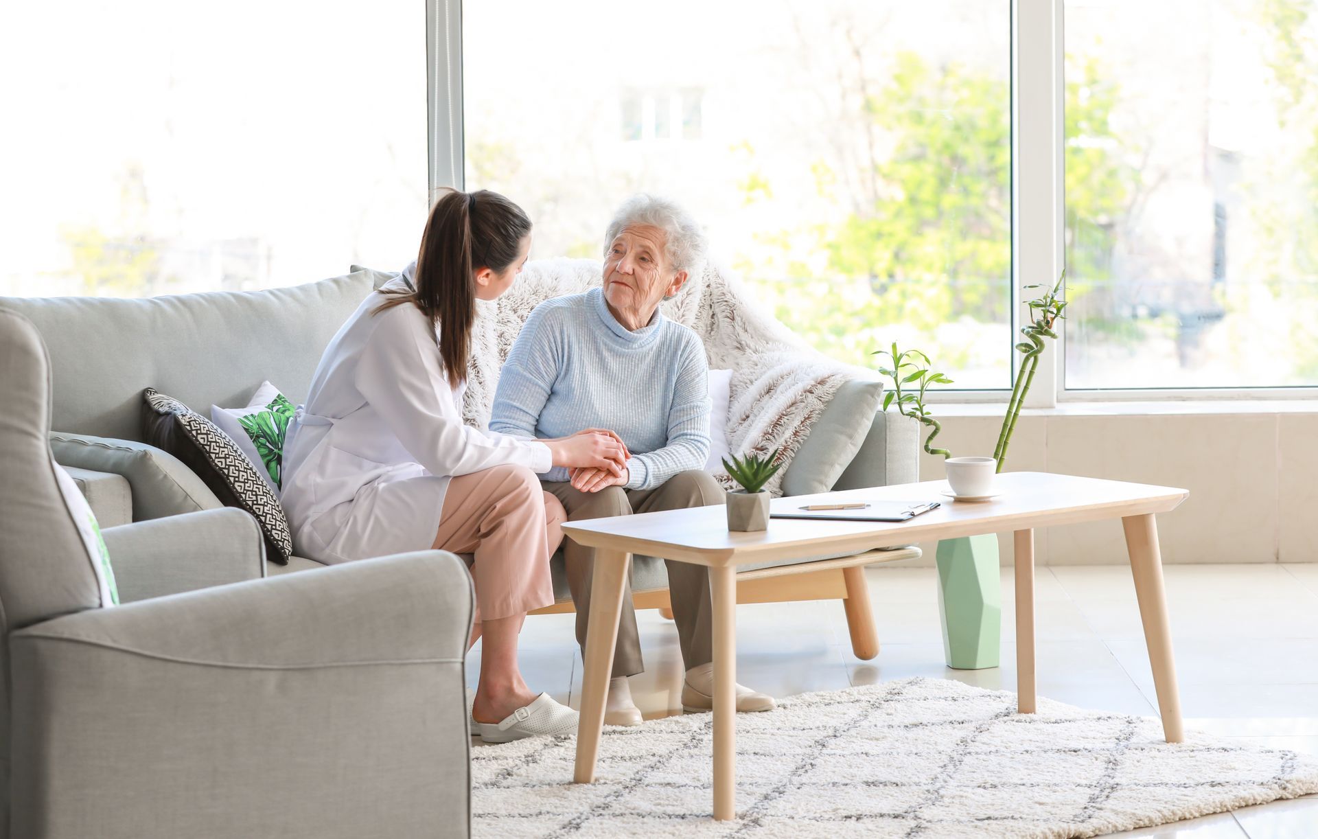 Woman and elderly person talking on a sofa in a bright living room with coffee table and plants