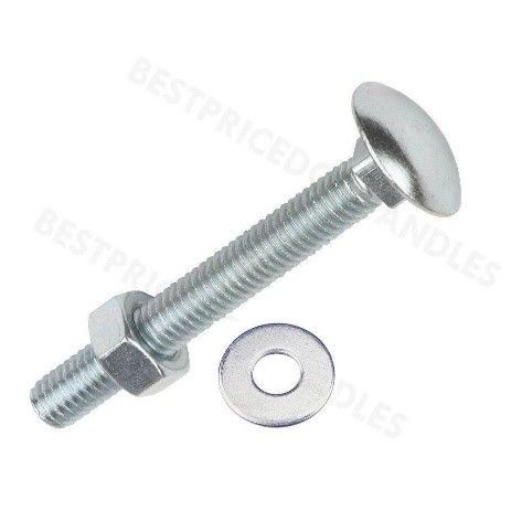A screw with a cup square bolt, nut and washer attached to it.