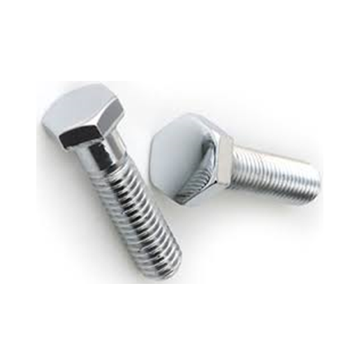 A pair of stainless steel hex bolts on a white background.
