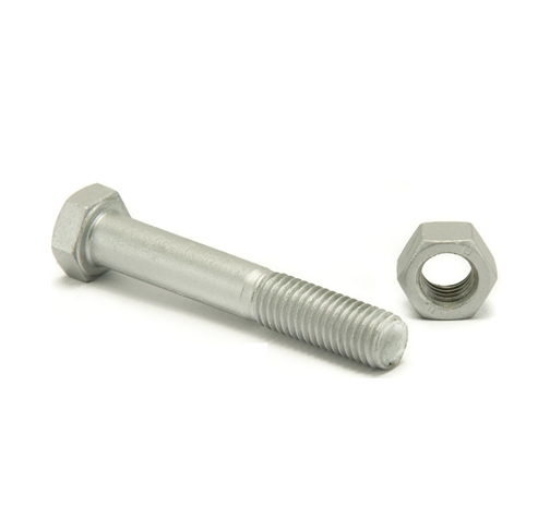 A stainless steel bolt and nut on a white background.