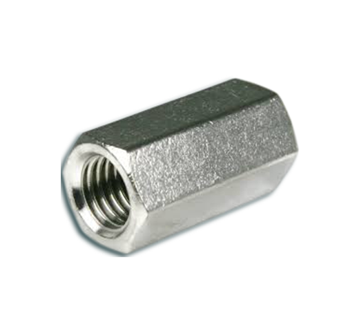 A close up of a stainless steel coupling nut