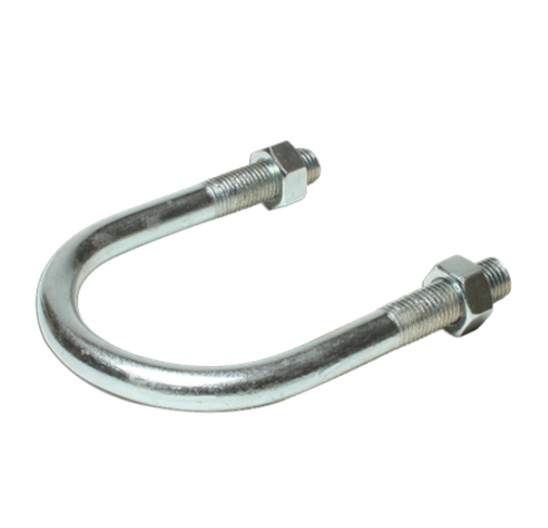 A close up of a metal u bolt with nuts on a white background