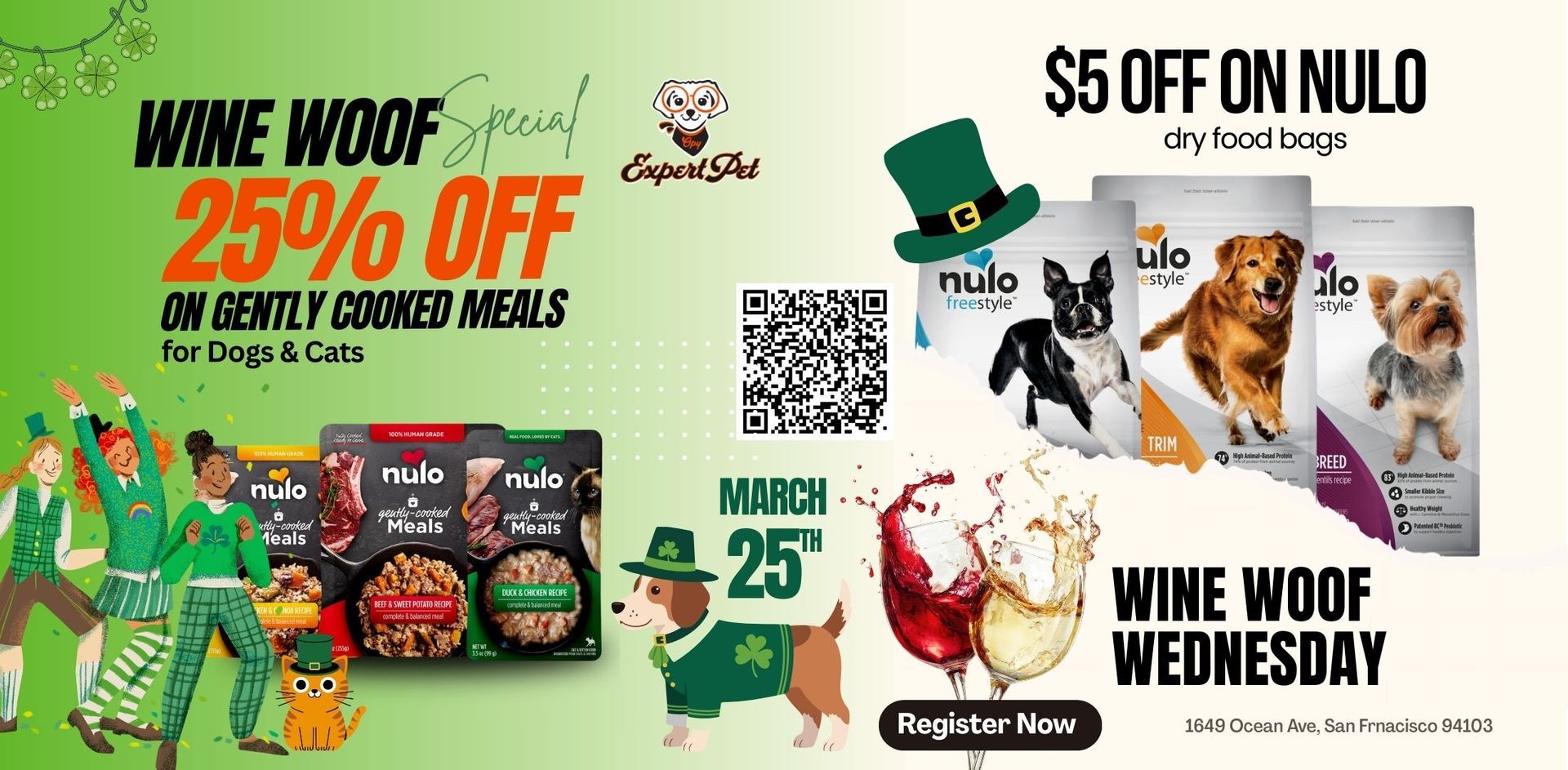 St. Patrick's Day themed pet food sale: 25% off gently cooked meals, $5 off Nulo, Wine Woof Wednesday.