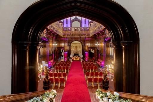 Custom made fairy lights and pink up lights create a gorgeous wedding at Allerton Castle. Decor and Lights from Exclusive Entertainments, Harrogate, Yorkshire