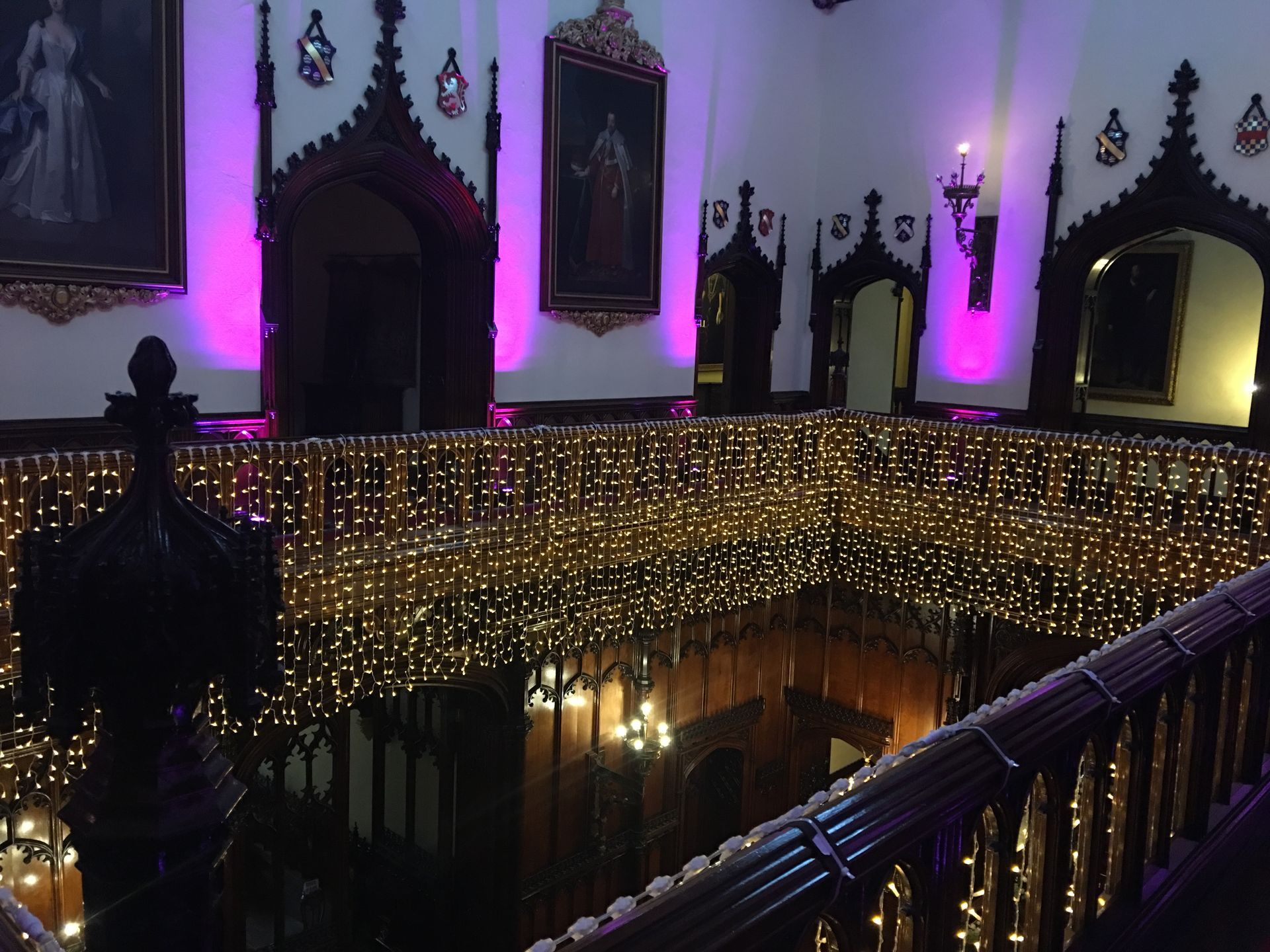 Custom made fairy lights and pink up lights create a beautiful wedding at Allerton Castle. Decor and Lights from Exclusive Entertainments, Harrogate, Yorkshire