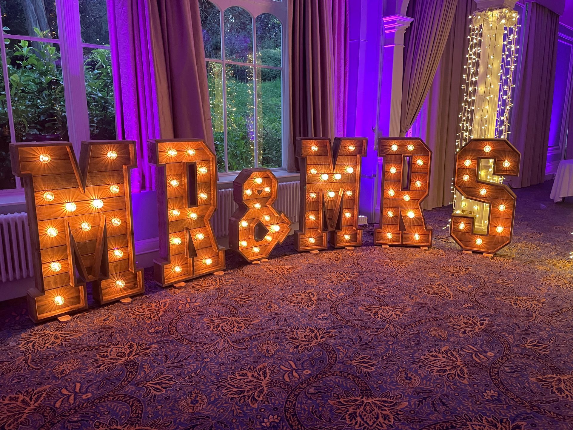 warm wedding  glow from our Mr and Mrs Lights  from Exclusive Entertainments, Harrogate, Yorkshire