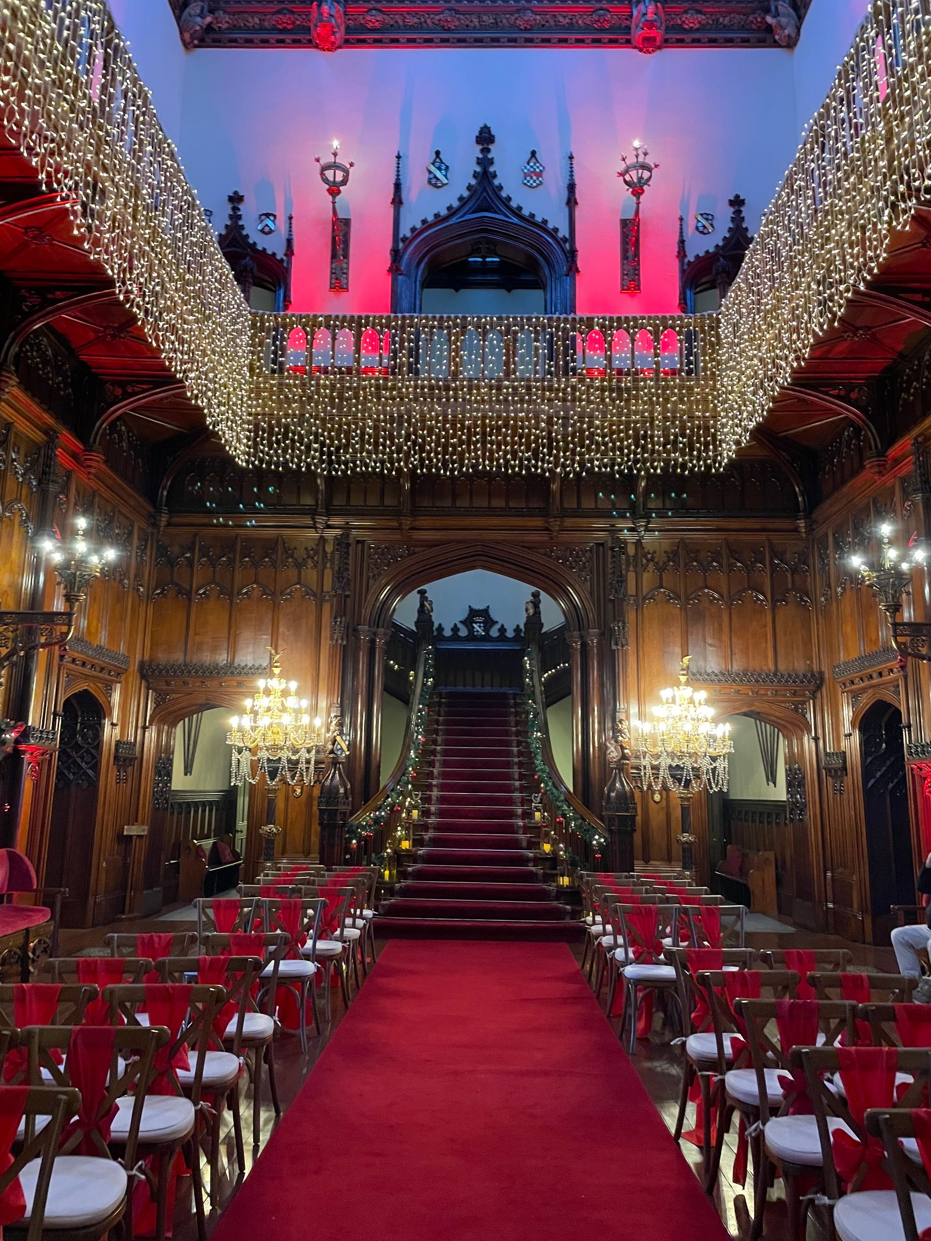 Custom made fairy lights and pink up lights create a beautiful wedding at Allerton Castle. Decor and Lights from Exclusive Entertainments, Harrogate, Yorkshire
