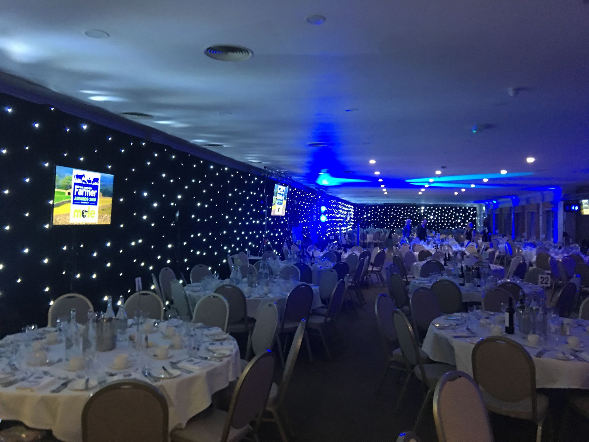 Fairy Lights and Blue Lighting for this event. Projection screens and live cameras, this event camera hire was supplied by Exclusive Entertainments Yorkshire