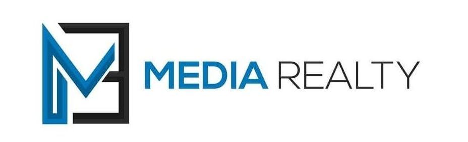 A blue and black logo for media realty