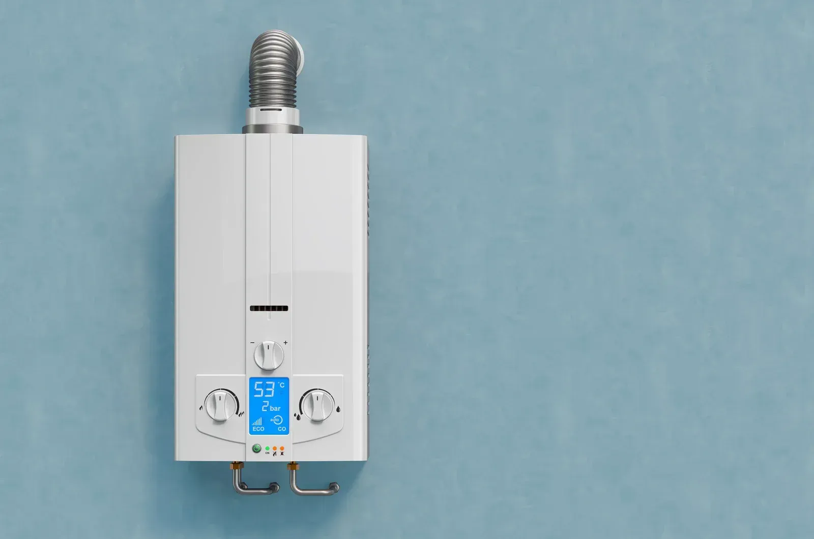 A white gas water heater is hanging on a blue wall.
