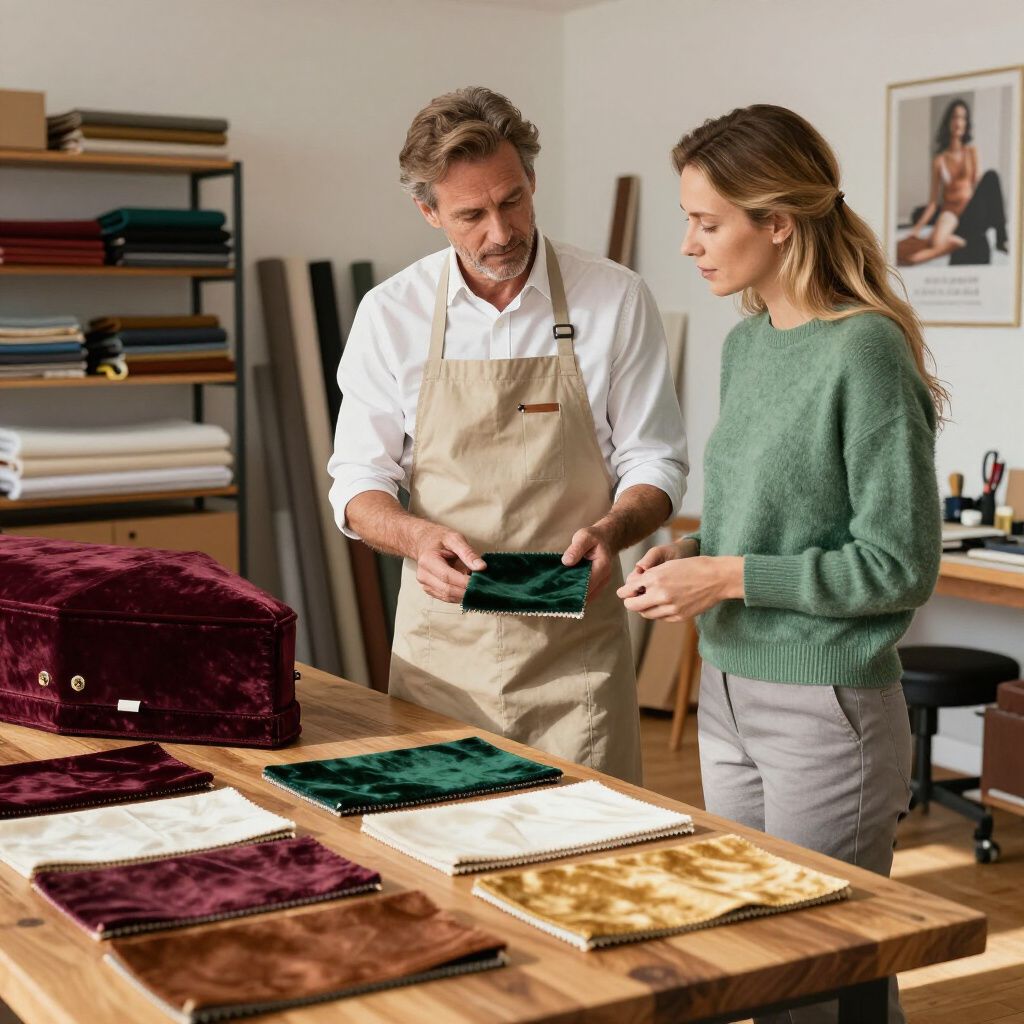 Un uomo con un grembiule mostra dei campioni di velluto a una donna. Una scatola marrone e dei campioni sono appoggiati su un tavolo di legno.