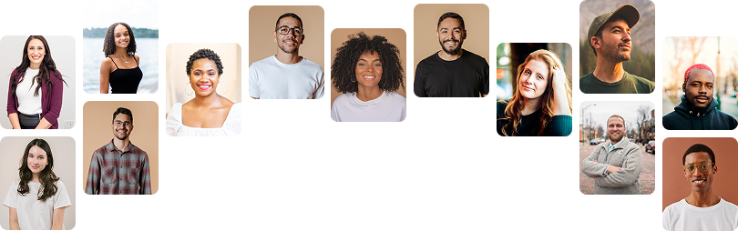 A collection of headshot portraits of diverse people on a light brown background.
