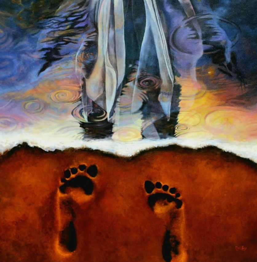 Footprints in the sand, person standing in water, serene sunset sky, reflection.