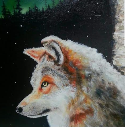A wolf with light gray fur against a dark, starry night sky. The wolf's eye is focused.