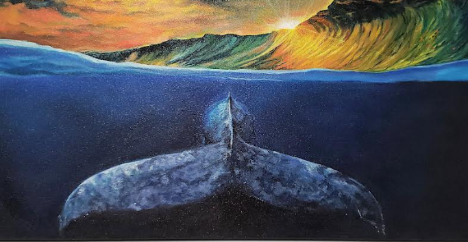 Whale tail descending underwater, with a breaking wave and colorful sunset above the surface.